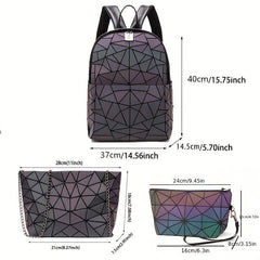 3Pcs Geometric Luminous Backpack Set with Crossbody Bag & Pouch