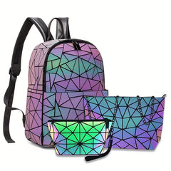 3Pcs Geometric Luminous Backpack Set with Crossbody Bag & Pouch