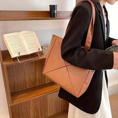Vintage Vegan Leather Tote Bag Large Capacity Solid Handbag