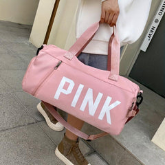 Pink Letter Print Sports Bag Zipper Handbag Large Capacity Duffel Bag