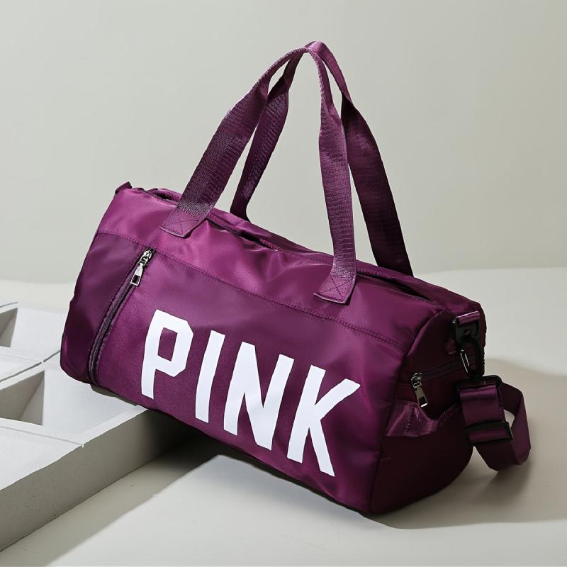 Pink Letter Print Sports Bag Zipper Handbag Large Capacity Duffel Bag