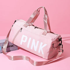 Pink Letter Print Sports Bag Zipper Handbag Large Capacity Duffel Bag