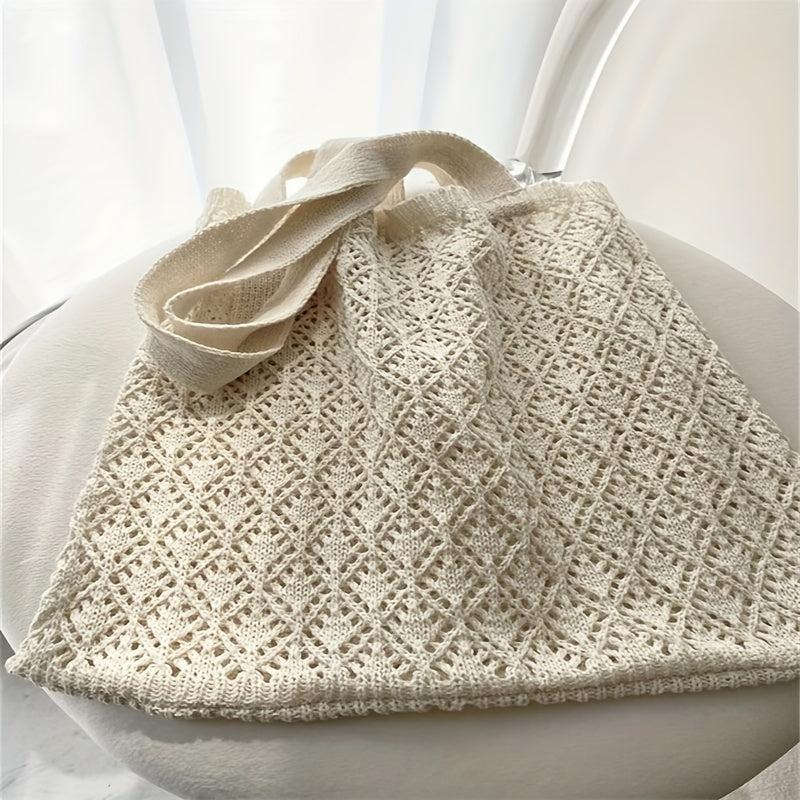 Hollow Out Knitted Shoulder Bag Slouchy Eyelet Embroidery Tote Bag