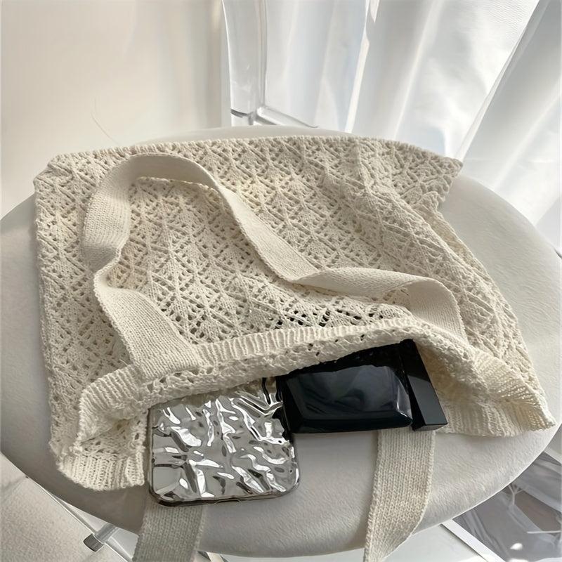 Hollow Out Knitted Shoulder Bag Slouchy Eyelet Embroidery Tote Bag