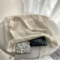 Hollow Out Knitted Shoulder Bag Slouchy Eyelet Embroidery Tote Bag