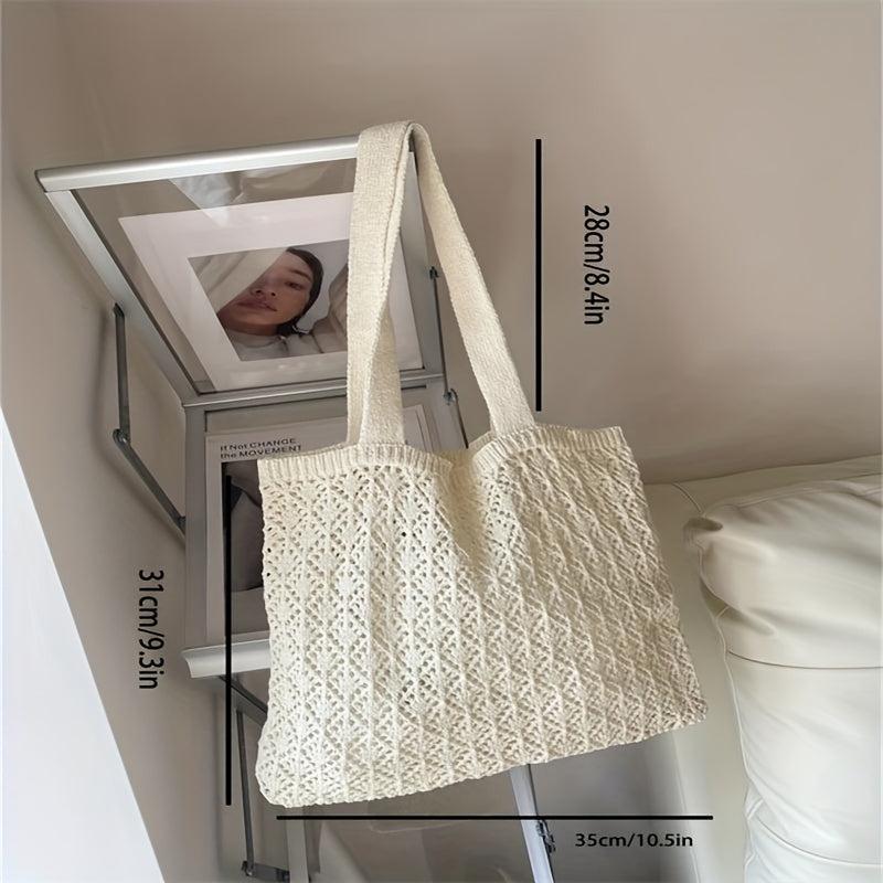 Hollow Out Knitted Shoulder Bag Slouchy Eyelet Embroidery Tote Bag