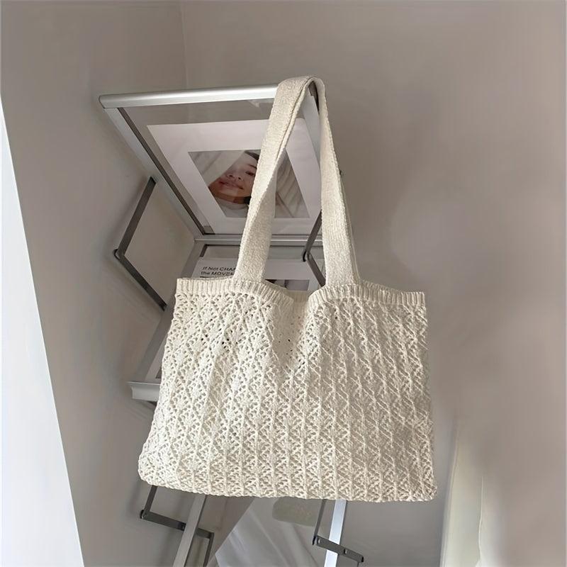 Hollow Out Knitted Shoulder Bag Slouchy Eyelet Embroidery Tote Bag