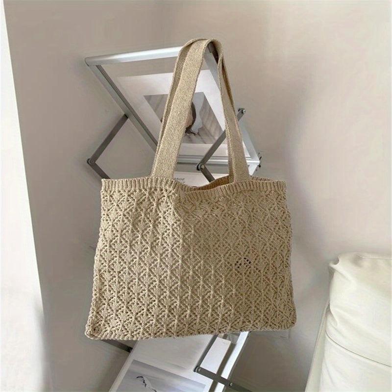 Hollow Out Knitted Shoulder Bag Slouchy Eyelet Embroidery Tote Bag