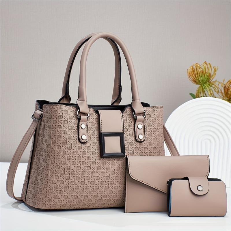 Geometric Embossed Pattern Bag Set - Tote, Clutch, Wallet, Credit Card Holder