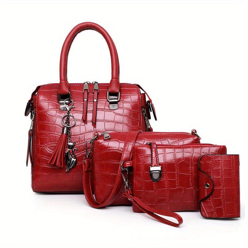 4Pcs Crocodile Pattern Tassel Handbag Set With Crossbody Bag & Clutch Purse