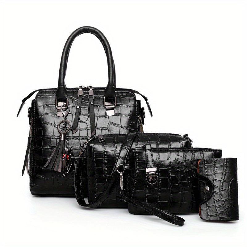4Pcs Crocodile Pattern Tassel Handbag Set With Crossbody Bag & Clutch Purse
