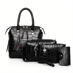 4Pcs Crocodile Pattern Tassel Handbag Set With Crossbody Bag & Clutch Purse