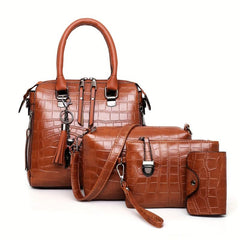 4Pcs Crocodile Pattern Tassel Handbag Set With Crossbody Bag & Clutch Purse