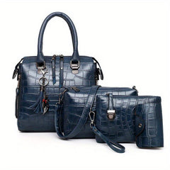 4Pcs Crocodile Pattern Tassel Handbag Set With Crossbody Bag & Clutch Purse