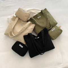 Corduroy Bag Sets Solid Shoulder Bag & Shoulder Square Chain Bag