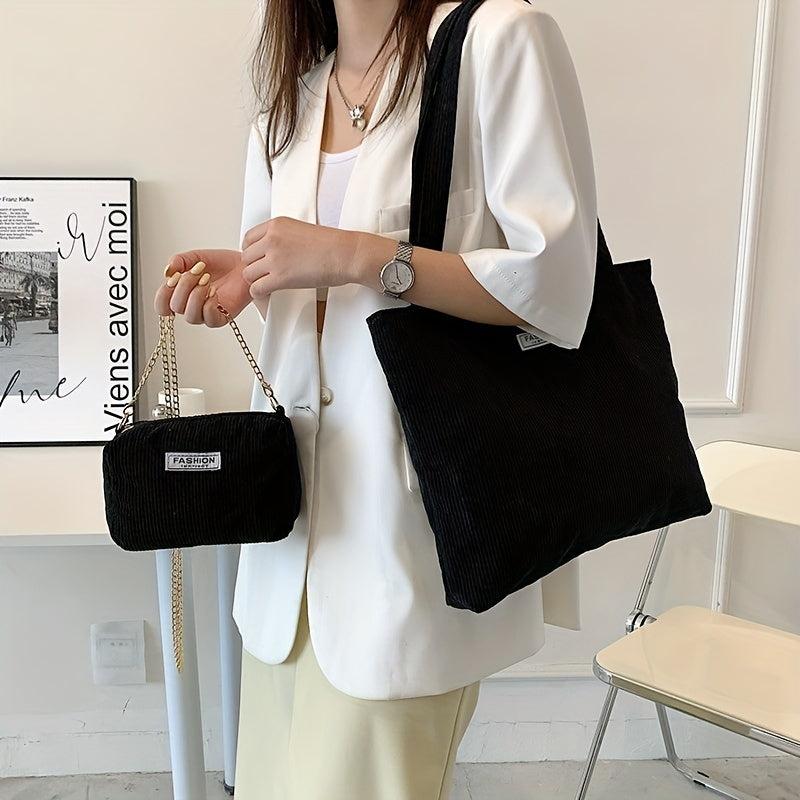 Corduroy Bag Sets Solid Shoulder Bag & Shoulder Square Chain Bag