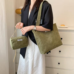 Corduroy Bag Sets Solid Shoulder Bag & Shoulder Square Chain Bag