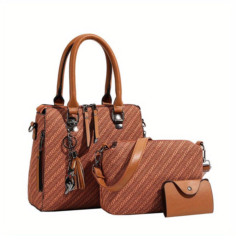 3pcs Woven Handbag Set Women's Tote Bag Crossbody Bag Credit Card Holder
