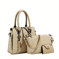 3pcs Woven Handbag Set Women's Tote Bag Crossbody Bag Credit Card Holder