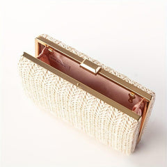 Straw Woven Square Clutch Bag Kiss Lock Mini Boxer Clutch Purse