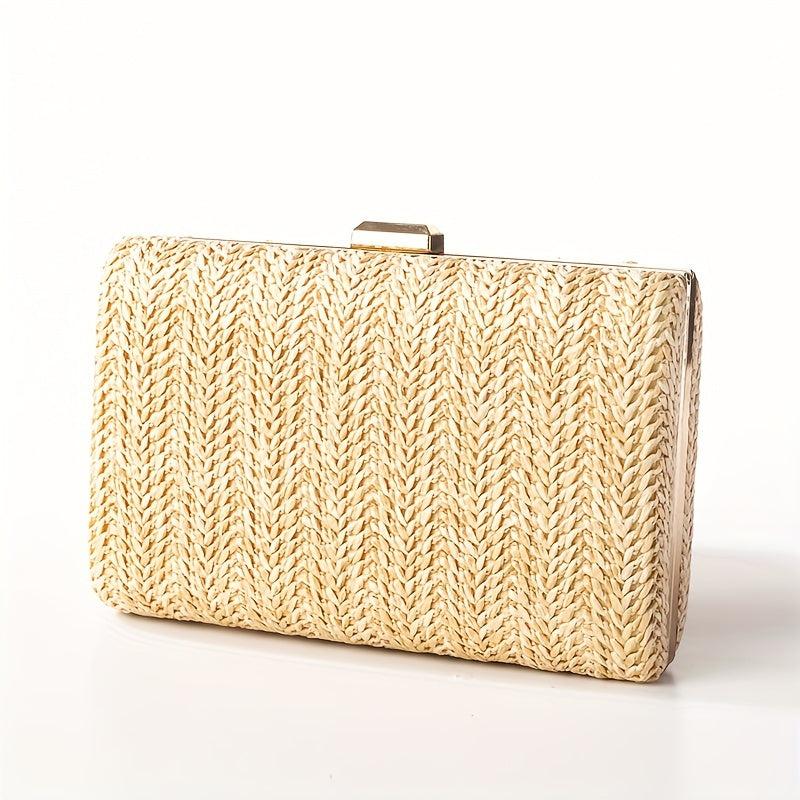 Straw Woven Square Clutch Bag Kiss Lock Mini Boxer Clutch Purse
