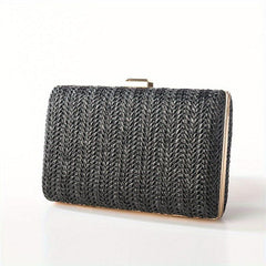 Straw Woven Square Clutch Bag Kiss Lock Mini Boxer Clutch Purse