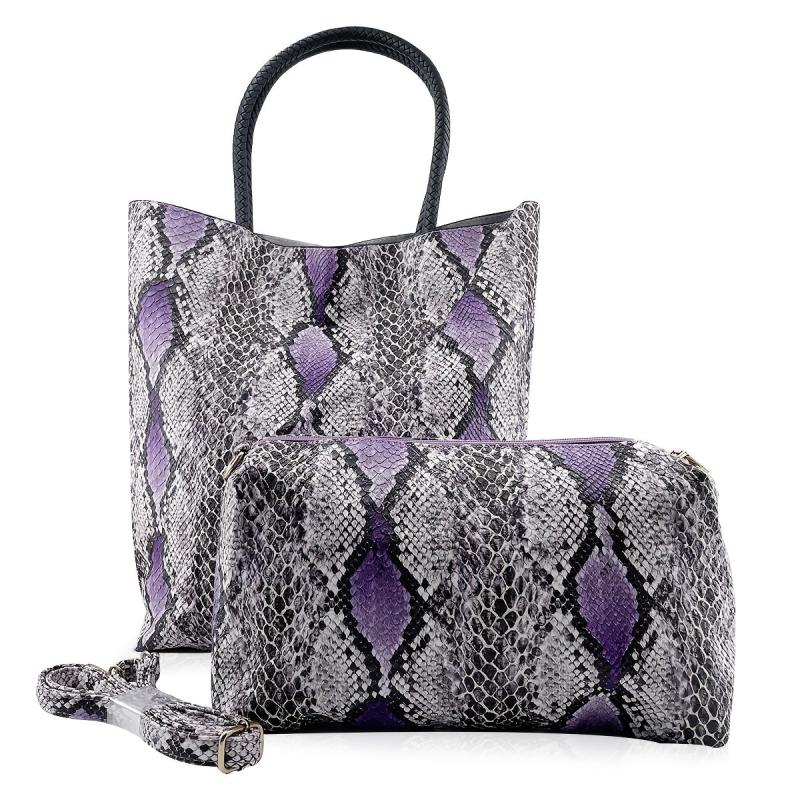 2pcs PU Leather Handbag Set Snake Pattern Tote Bag Large Capacity