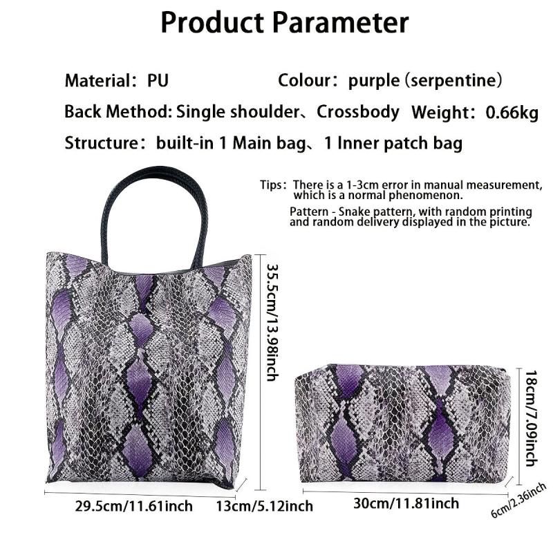 2pcs PU Leather Handbag Set Snake Pattern Tote Bag Large Capacity