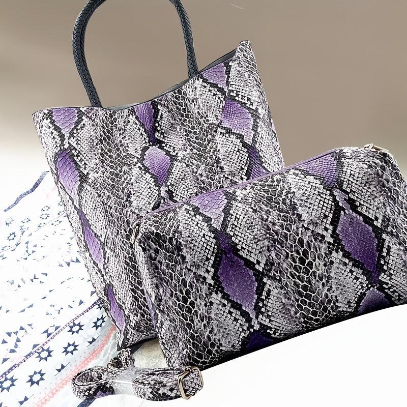 2pcs PU Leather Handbag Set Snake Pattern Tote Bag Large Capacity