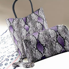 2pcs PU Leather Handbag Set Snake Pattern Tote Bag Large Capacity