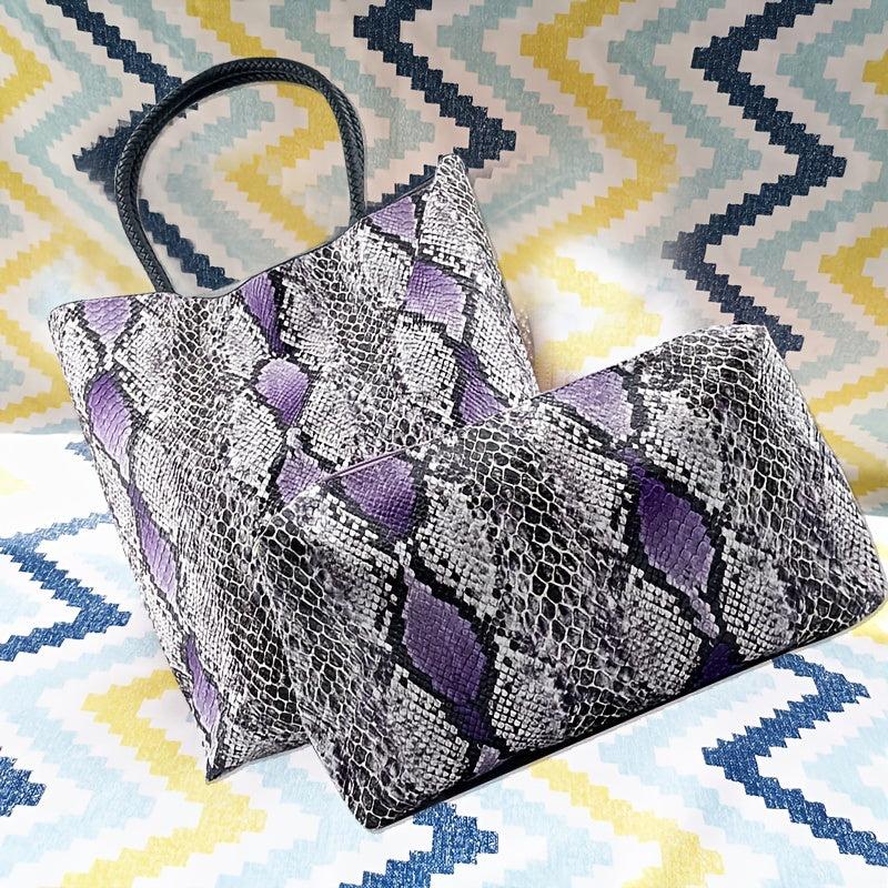 2pcs PU Leather Handbag Set Snake Pattern Tote Bag Large Capacity
