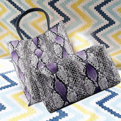 2pcs PU Leather Handbag Set Snake Pattern Tote Bag Large Capacity