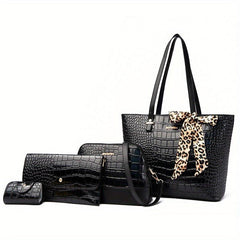 Crocodile Embossed Bag Set with Tote, Crossbody, Clutch Wallet & Card Holder