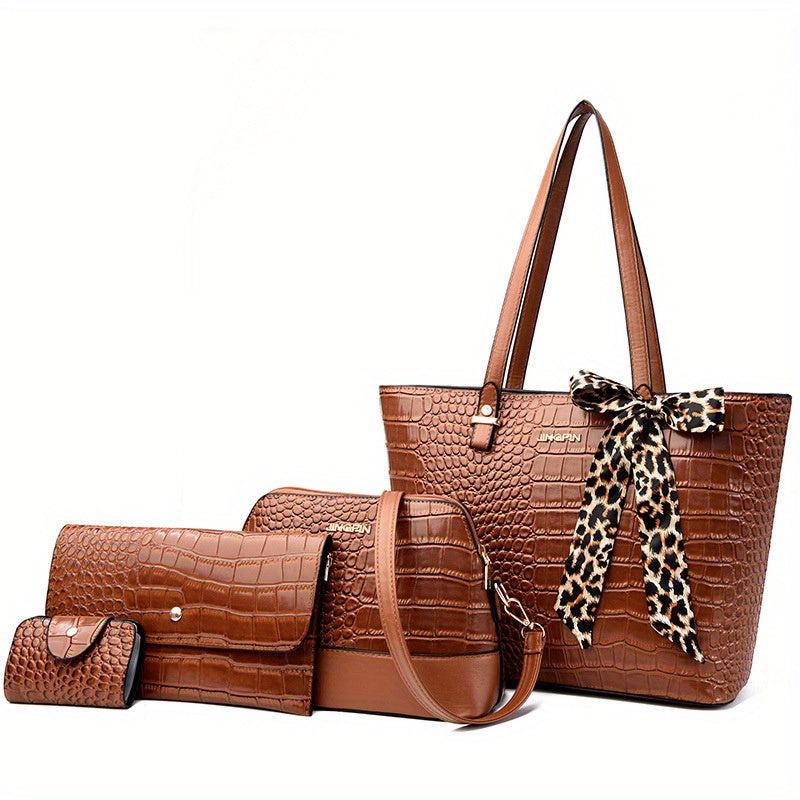 Crocodile Embossed Bag Set with Tote, Crossbody, Clutch Wallet & Card Holder