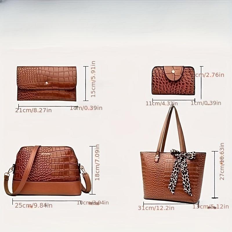 Crocodile Embossed Bag Set with Tote, Crossbody, Clutch Wallet & Card Holder