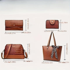 Crocodile Embossed Bag Set with Tote, Crossbody, Clutch Wallet & Card Holder