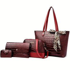 Crocodile Embossed Bag Set with Tote, Crossbody, Clutch Wallet & Card Holder