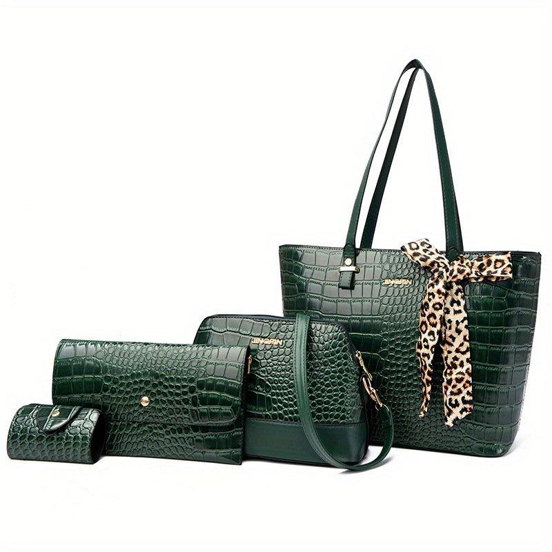 Crocodile Embossed Bag Set with Tote, Crossbody, Clutch Wallet & Card Holder