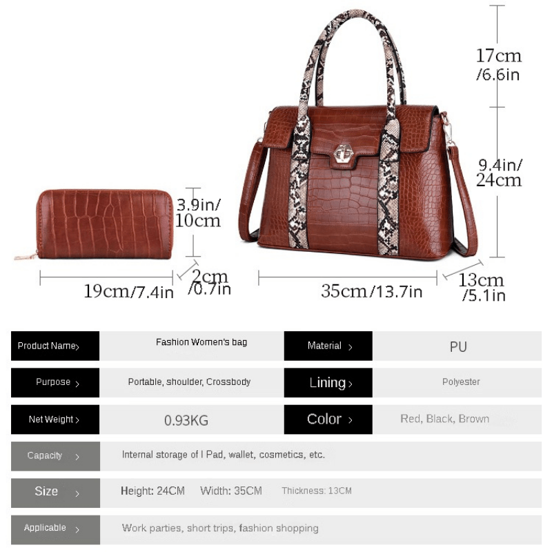 Crocodile Embossed Bag Set with Snake Skin Straps