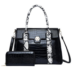 Crocodile Embossed Bag Set with Snake Skin Straps
