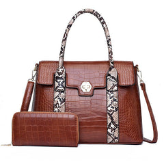 Crocodile Embossed Bag Set with Snake Skin Straps