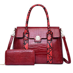 Crocodile Embossed Bag Set with Snake Skin Straps