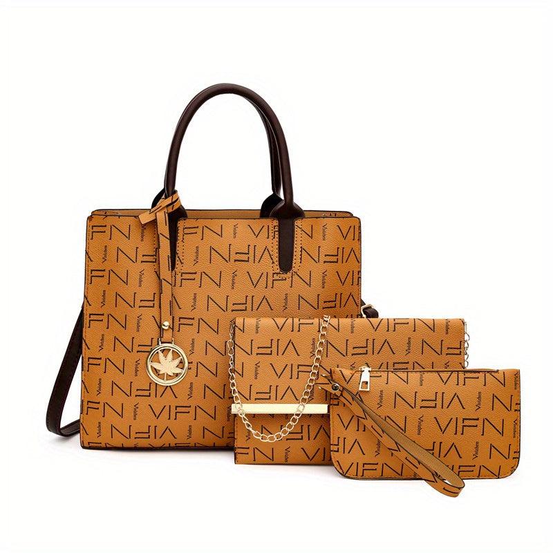 3 Pcs Vintage Letter Pattern Bag Sets Classic Tote Chain & Credit Card Case