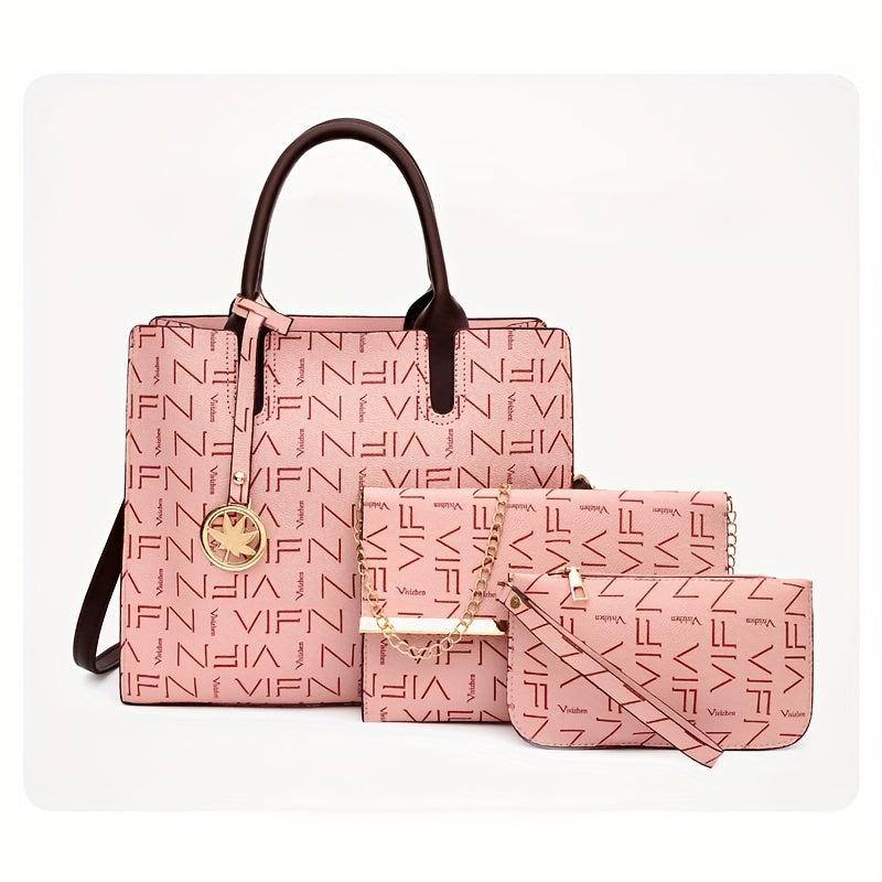 3 Pcs Vintage Letter Pattern Bag Sets Classic Tote Chain & Credit Card Case