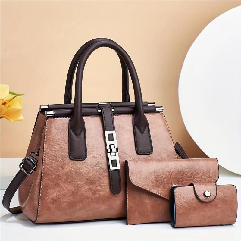 3pcs Retro Tote Bag Set Women's Shoulder Handbag With Clutch Bag