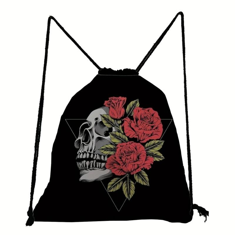 Skull Print Backpack Drawstring Sports Bag Lightweight Gym Bag