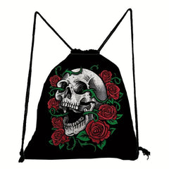 Skull Print Backpack Drawstring Sports Bag Lightweight Gym Bag