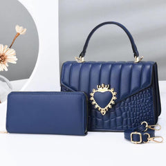 Quilted Handbag Set & Wallet Heart Decor Purse Crossbody Bag