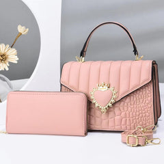 Quilted Handbag Set & Wallet Heart Decor Purse Crossbody Bag