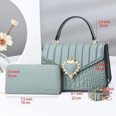 Quilted Handbag Set & Wallet Heart Decor Purse Crossbody Bag